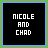 nine square icons with black backgrounds, each displaying 'NICOLE AND CHAD' text in white pixelated font; the first shows blue and pink color variations on 'NICOLE', while lower show green variations on 'CHAD'