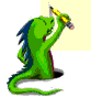 Green dragon with blue spines writing on a yellow notepad, transitioning from holding a pencil to displaying text.