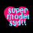 Four pink heart-shaped icons with light blue text reading 'super model syd!!' on a black background, each with distinct pixelation levels.