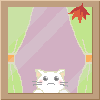 Animated contact sheet showing a white cat peeking through purple curtains with a red maple leaf floating in different positions across five frames.
