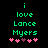 Green pixelated text reads 'i love Lance Myers' above five pink and purple heart icons on a black background.