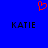 Blue background with red pixelated heart symbol above two black text instances of 'KATIE' in blocky font.