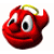 Red devil-shaped icon with yellow halo, large white eyes with black pupils, and a subtle smile; left eye appears closed in first frame.