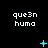 Pixelated text 'que3n huma' repeated across a black background with cyan animated symbols shifting positions.
