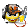 Yellow cartoon face with black headphones, orange cap marked '1', and silver microphone; red circular base on white background.