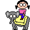 A cartoon girl in a pink top and blue pants rides a gray elephant with yellow saddle, her pose changing across frames.