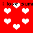 Red background with white pixelated hearts and repeated black text 'i love sumi i love sumi' in two horizontal bands.