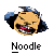 Pixelated cartoon face with exaggerated expression and blue hair above the word "Noodle" in blocky text.