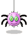 A pink spider-shaped icon with green eyes and black legs hangs from a string, displaying multiple facial expressions across three