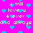 A static pixel art image with a bright pink background, blue heart shapes scattered throughout, and white text reading "i will love u 4 ever and always" repeated multiple times.