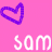 Two purple heart outlines on a pink background with gray text reading 'som som' below each heart.