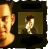 Animated sequence showing a person in multiple poses against warm-toned backgrounds with dark borders.