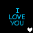 Blue pixelated text "I LOVE YOU" on black background with white and gray heart icons in different positions.