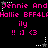 Pixelated text and symbols repeat in a on black background with pink, white, and gray elements