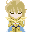 Pixel art character with blonde hair and blue eyes in gold armor, shown across three of expressions