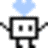 Pixelated robot icon with blue cloud above head, arms outstretched on gray background, text overlays in black and white sections.