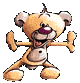 A cartoon bear with light brown fur, white inner ears and belly, a dark red nose, and open mouth showing tongue stands in two poses against gray background.