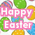 Animated Easter-themed icon with colorful eggs, a rabbit with chicks, and duckling text overlays.