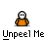 Pixel art contact sheet showing 8 frames of an animated buddy icon with a white skull character peeling off orange clothing to reveal black-and-white checkered attire underneath, labeled "Unpeel Me" in each frame.