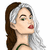 Pixelated profile of a woman with brown hair and silver streaks, red lips, green eyes, and a green strap visible on her shoulder.