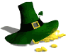 Green leprechaun hat with black band and yellow buckle, small clover, and scattered gold coins on white background.