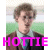 A person with curly light brown hair wears a brown jacket over a white shirt and blue tie against a green background, with the text "HOTTIE" in bright pink letters.