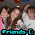 Three people in a group pose with one person raising their arm, set against a pink and gray background with pixelated text reading 'Friends C' at the bottom.