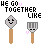 Pixel art animation of two smiling spatula-shaped icons with brown handles, surrounded by pink hearts and the text "HE GO TOGETHER LIKE" in black block letters.
