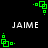 Green pixelated square icons rotate clockwise around white 'JAIME' text on a black background, forming four distinct orientations in a