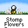 Animated pixel art contact sheet showing a yellow stick figure stomping flowers with scattered petals across multiple frames against a blue sky and green grass background.