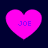 Four pink heart shapes with blue text "JOE" on a dark background, arranged in two of two