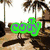 A static image with four distinct sections showing beach scenes and text overlays: a palm tree silhouette, footprints on sand, blue sky with clouds, and green text reading 'cozy' and 'beach'.