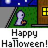 Animated Halloween-themed contact sheet showing a ghost character interacting with houses and text bubbles across multiple frames.