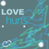 A static icon with 'LOVE hurts' text over a teal background with blue and green scribbles, white dots, and a white heart outline.