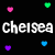 Pixelated text 'chelsea' repeats across black background with scattered colorful hearts in pink, green, blue, and purple.