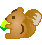 Pixelated brown squirrel with white ears holds a yellow-green object, expression shifts from open mouth to closed mouth