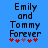 Blue background with pixelated text 'Emily and Tommy Forever' and five red/pink hearts below, showing animation changes in heart colors.