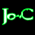 Six variations of the text 'Jo-C' rendered in distinct neon colors against a black background, with one additional red variation on a gray section.