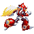 A 4x4 contact sheet of a red and silver robot character with yellow hair performing running animation frames, displayed on gray background.