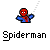 Pixelated Spiderman character in red and blue costume with white web line, positioned above pixelated text on gray background.