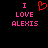 Pixelated text and heart symbol on black background, with pink letters 'I LOVE ALEXIS' and red pixel-art heart.