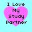 Four identical pixelated pink heart icons with black text "I Love My Study Partner" on a light blue background arranged in a 2x2 contact sheet.