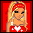 Pixel art contact sheet of a Valentine's Day-themed animated icon featuring a blonde character in red heart-patterned swimwear across six frames showing full-body, torso, and text variations on a solid red background.