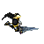 Animated contact sheet showing 11 sequential frames of a pixel-art character in motion, featuring yellow and black armor with a blue sword-like weapon against a gray background.