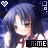 Pixelated anime-style character with long blue hair and green eyes, wearing a white top with red accents, against dark background with heart symbols.