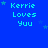 Blue background with repeated 'Kerrie Loves You' text in cyan, scattered small stars, and a gray rectangle in bottom-right corner.