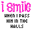 A 3x3 contact sheet of an animated AIM buddy icon showing six text-based frames and one gray placeholder, with pink 'i smile' text repeated across all visible frames.