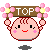 Pixelated character with pink cheeks holds brown sign reading TOP, surrounded by pink flowers with yellow centers, on gray background.