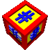 A red cube with yellow faces displaying blue symbols rotates in a of identical cubes against a gray background