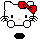 Pixelated white cat face with red bow, black eyes and whiskers, orange nose; two pairs of rounded feet visible in lower half.